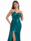 Sexy Side Slit Mermaid Asymmetric Neckline Metallic Stretch Shiny Fabric Long Wedding Guest Dresses