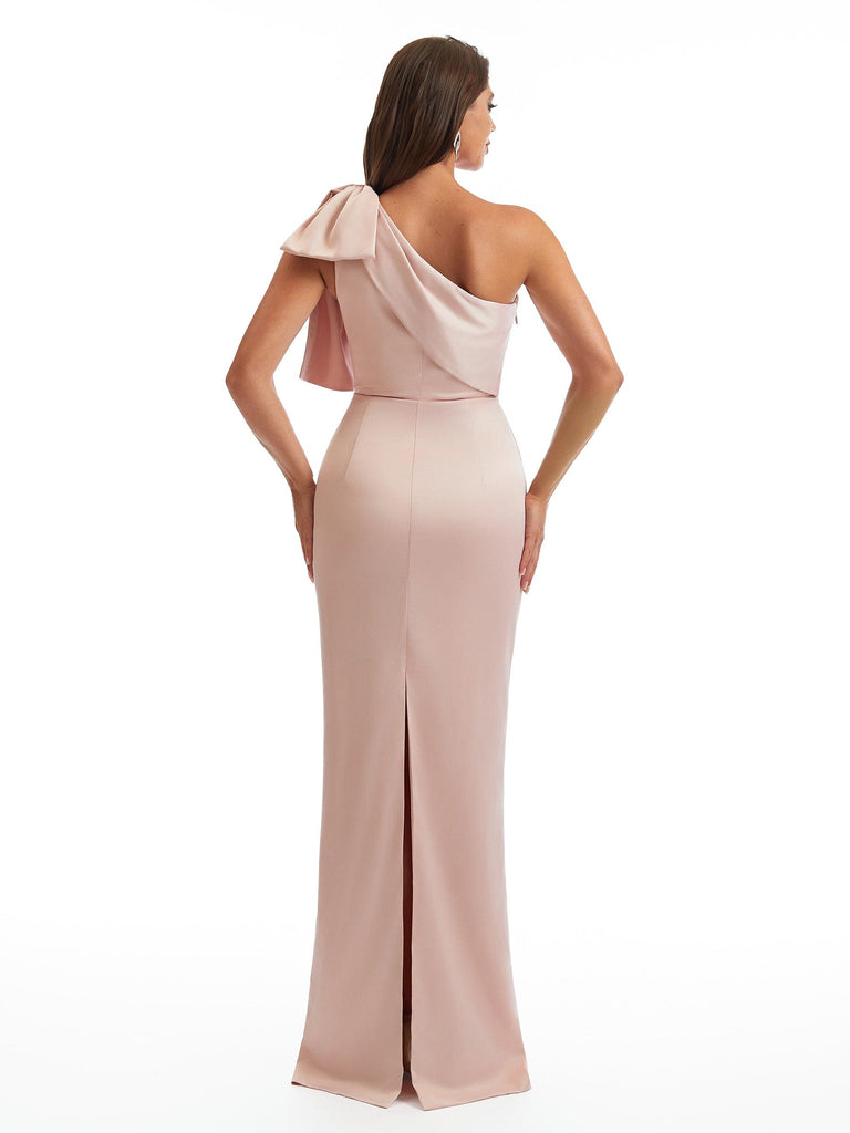 Elegant One Shoulder Mermaid Back Slit Soft Satin Long Bridesmaid Dresses Online