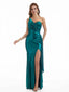 Elegant Side Slit One Shoulder Metallic Stretch Shiny Fabric Long Mermaid Wedding Guest Dresses