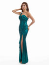 Elegant Side Slit One Shoulder Metallic Stretch Shiny Fabric Long Mermaid Wedding Guest Dresses