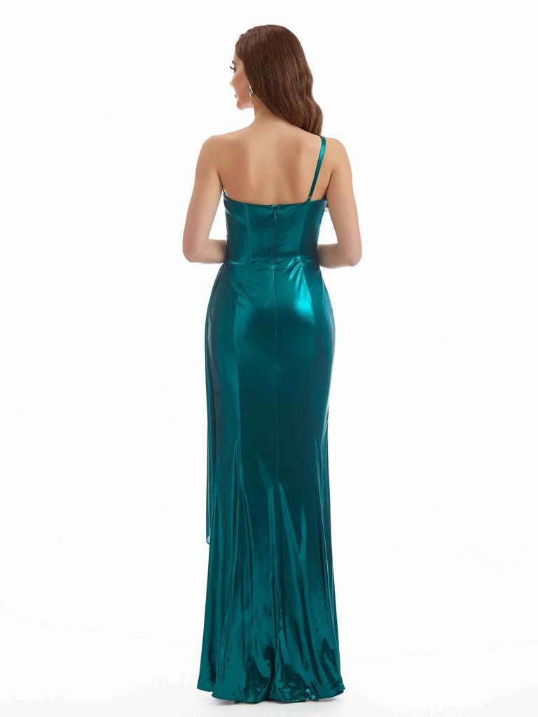 Elegant Side Slit One Shoulder Metallic Stretch Shiny Fabric Long Mermaid Wedding Guest Dresses