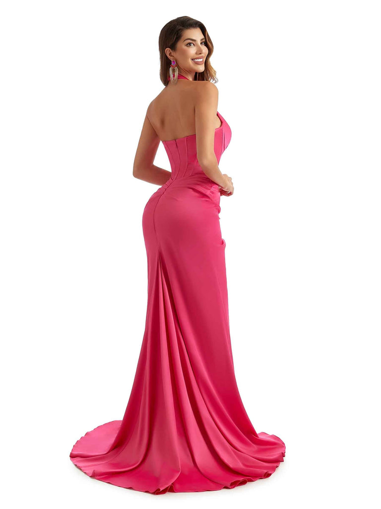 Sexy Side Slit Halter V-Neck Mermaid Trendy Satin Long Bridesmaid Dresses Online