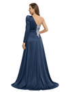 One Shoulder Side Slit Lace Satin Mother of The Groom Dress Long Sleeve Maxi Gown