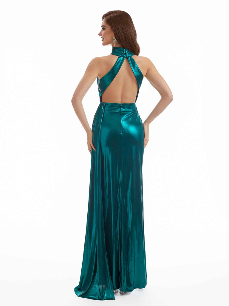 Sexy Mermaid High Neck Side Slit Metallic Stretch Shiny Fabric Long Wedding Guest Dresses