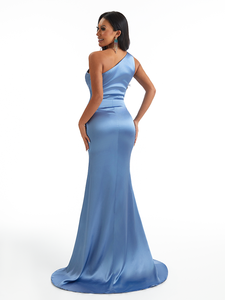 Sexy Mermaid One Shoulder Soft Satin Unique Long Bridesmaid Dresses Online