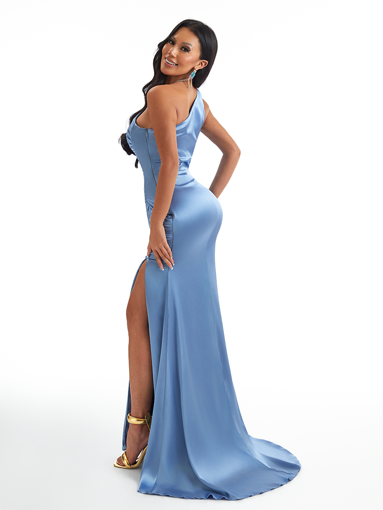 Sexy Mermaid One Shoulder Soft Satin Unique Long Bridesmaid Dresses Online