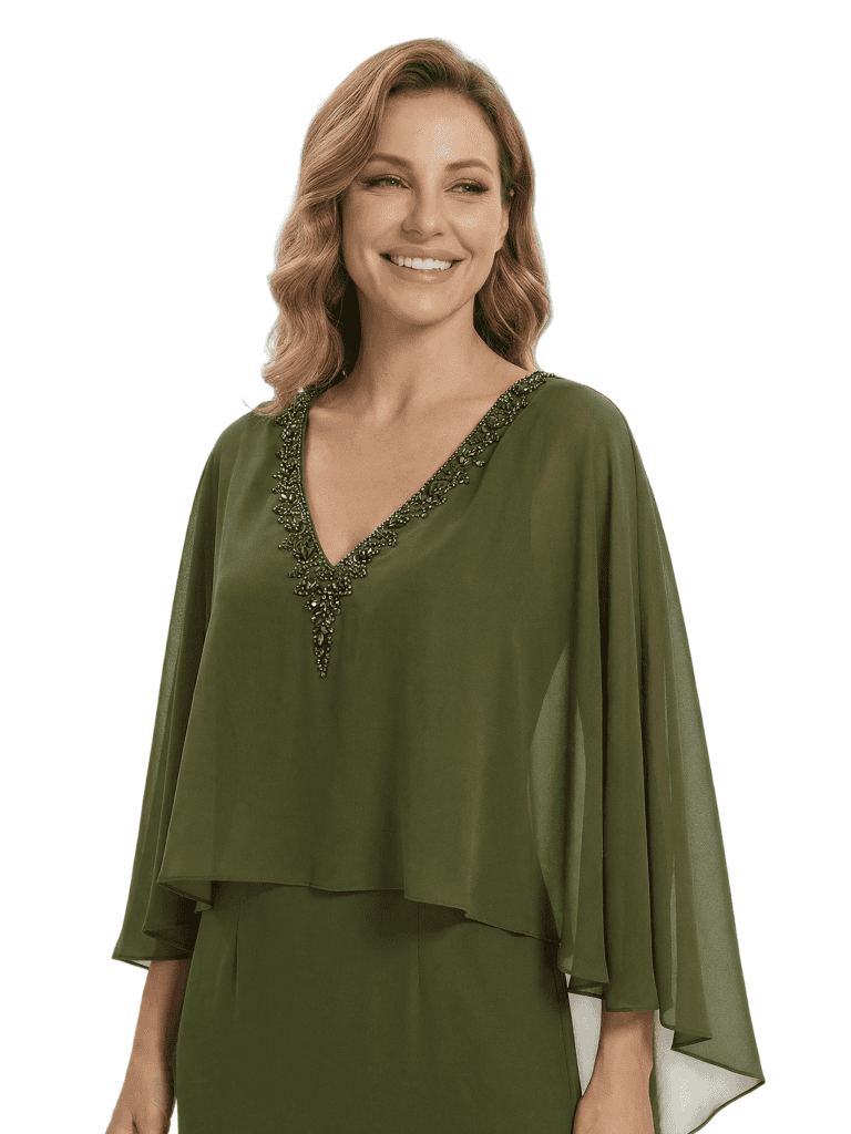 Beautiful V-Neck Cap Sleeves Beaded Chiffon Long Mother Of The Bride Dress