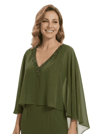 Beautiful V-Neck Cap Sleeves Beaded Chiffon Long Mother Of The Bride Dress