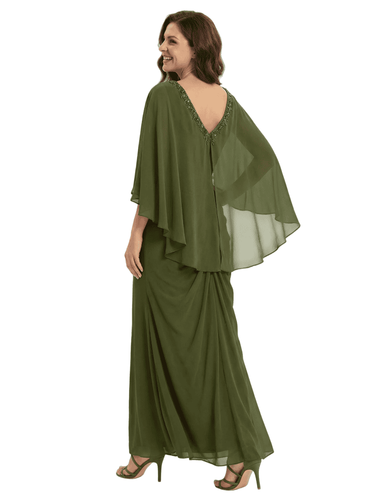 Beautiful V-Neck Cap Sleeves Beaded Chiffon Long Mother Of The Bride Dress