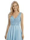 Fancy Sleeveless V-Neck A-line Lace Satin Tea-Length Mother of The Bride Dress