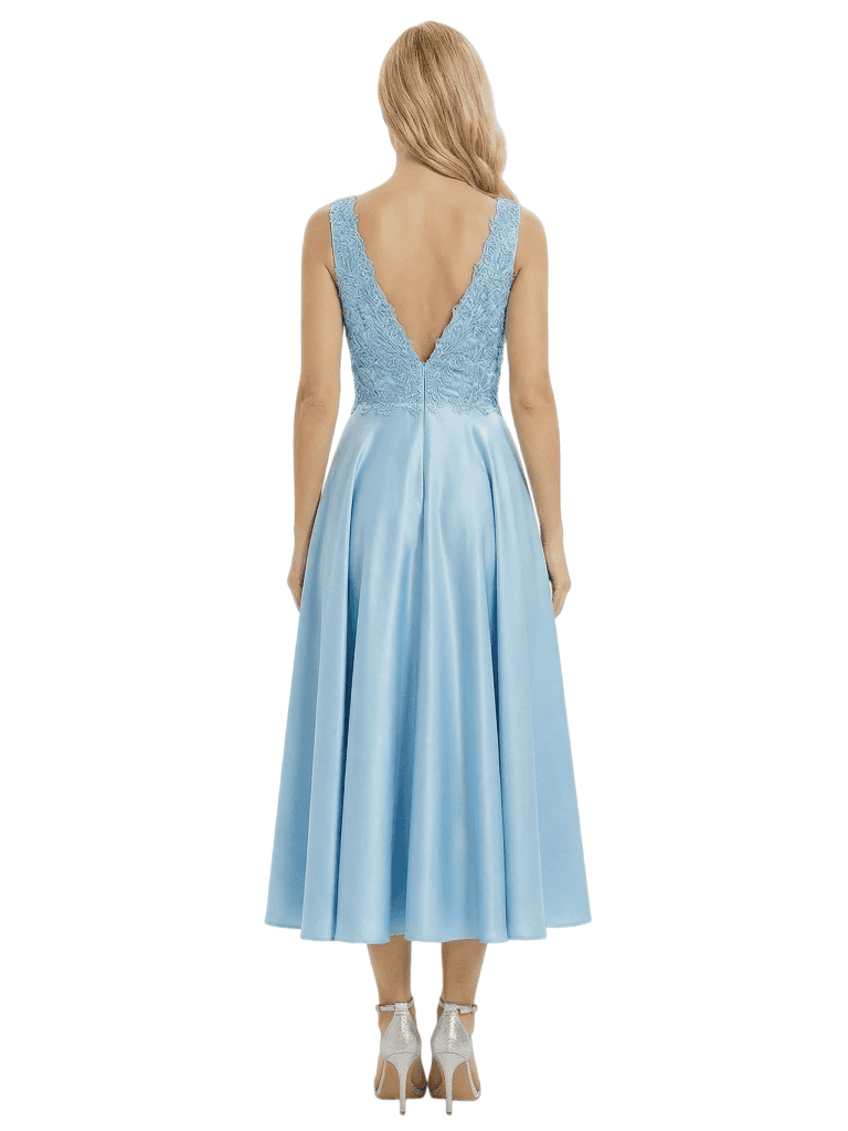 Fancy Sleeveless V-Neck A-line Lace Satin Tea-Length Mother of The Bride Dress