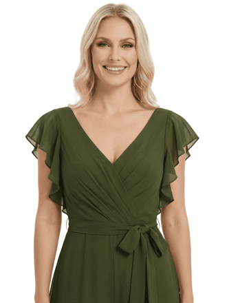 Modern Mother Of The Bride Pantsuit V-Neck Flutter Sleeves Chiffon Overlay Jumpsuit