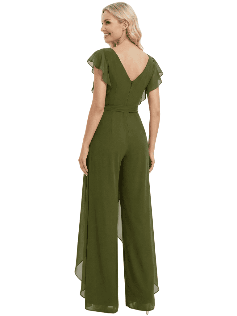 Modern Mother Of The Bride Pantsuit V-Neck Flutter Sleeves Chiffon Overlay Jumpsuit