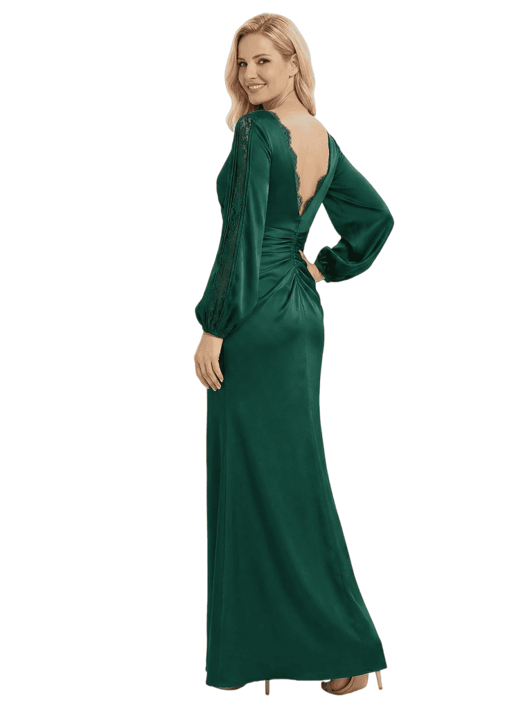 Elegant long Sleeves Jewel Floor-Length Pleat Satin Mother of the Groom Evening Dress
