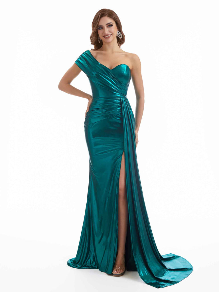 Elegant One Shoulder Mermaid Side Slit Metallic Stretch Shiny Fabric Long Wedding Guest Dresses