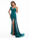 Elegant One Shoulder Mermaid Side Slit Metallic Stretch Shiny Fabric Long Wedding Guest Dresses