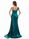 Elegant One Shoulder Mermaid Side Slit Metallic Stretch Shiny Fabric Long Wedding Guest Dresses