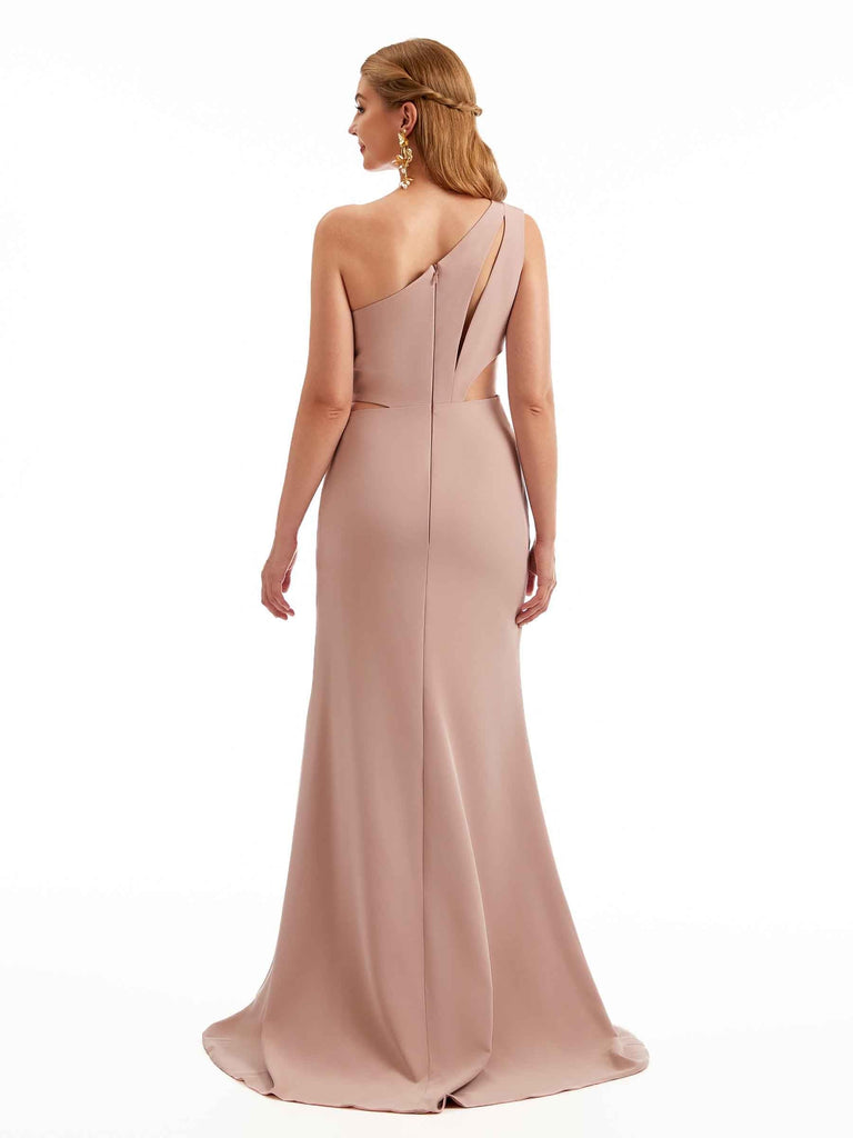 Sexy Side Slit One Shoulder Stretchy Crepe Floor Length Mermaid Bridesmaid Dresses