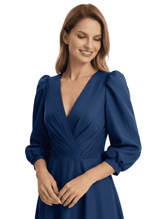 Fancy 3/4 Sleeves V-Neck Chiffon Mother Of The Bride Dress Ruched Maxi Formal Gown