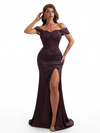 Sexy Off The Shoulder Boning Mermaid Satin Ruched Long Bridesmaid Dresses Side Slit