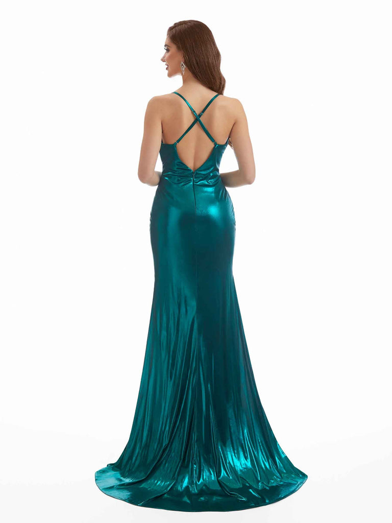 Sexy Mermaid Spaghetti Straps Metallic Stretch Shiny Fabric Long Wedding Guest Dresses