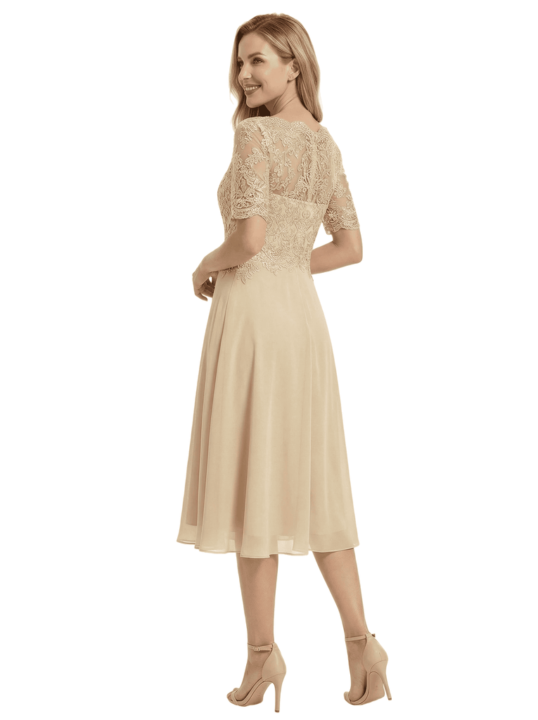Chicsew Beautiful Lace Overlay Mother of The Bride Dress Half Sleeves Midi Chiffon Classy Occasion Gown