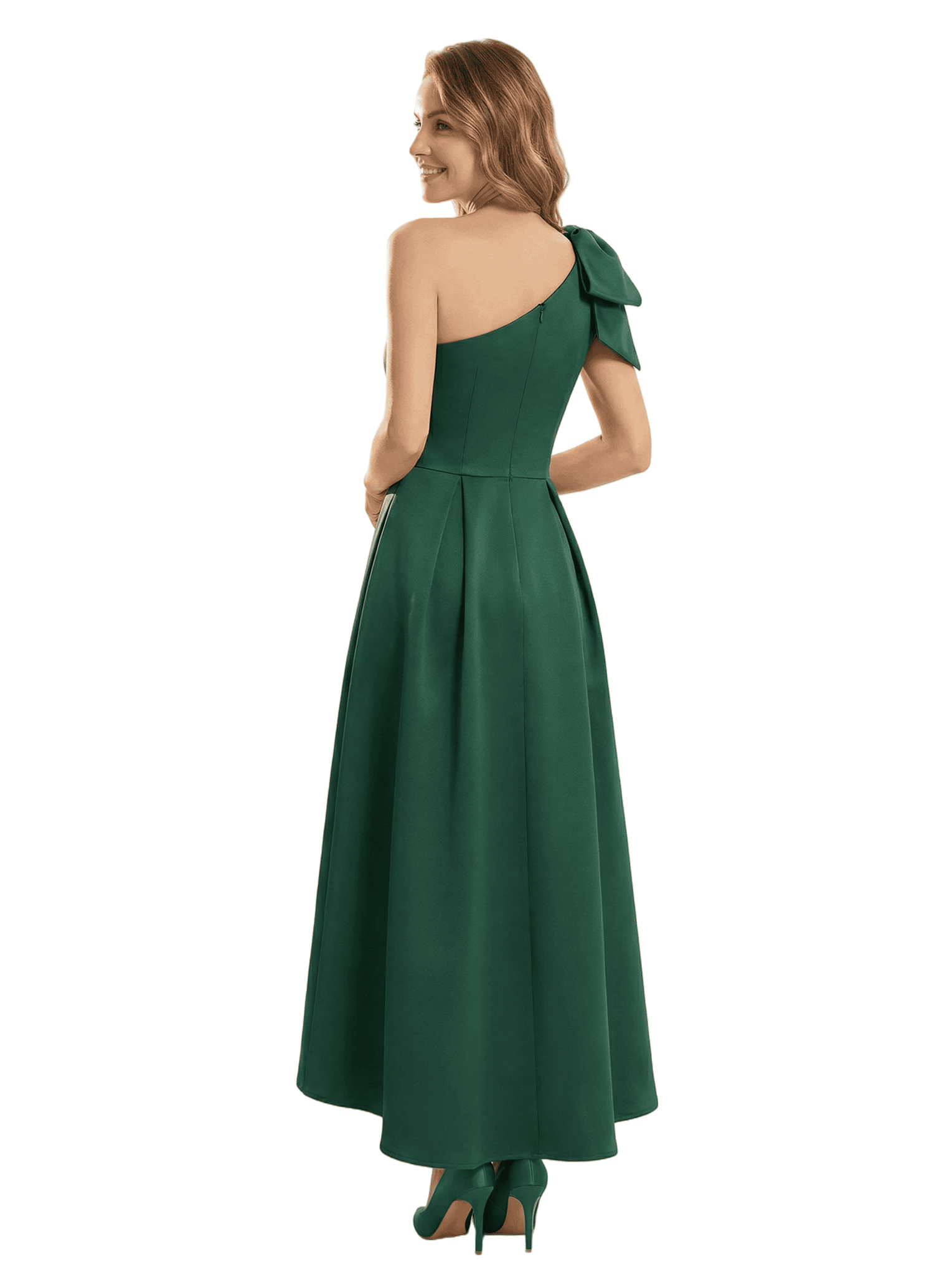 Chicsew Chic One Shoulder Satin Mother of The Bride Dress Bow High-Low A-Line Wedding Guest Gown