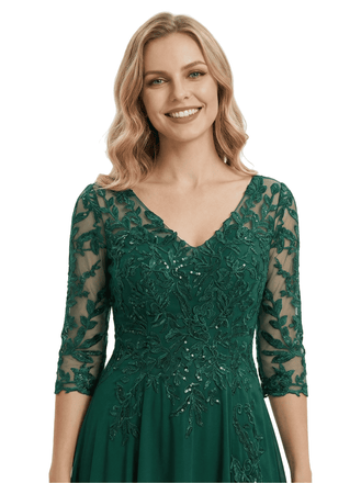 Chicsew Gorgeous Lace Embellished Mother of The Groom Dress 3/4 Sleeves Flowy Chiffon Long Classy Formal Gown