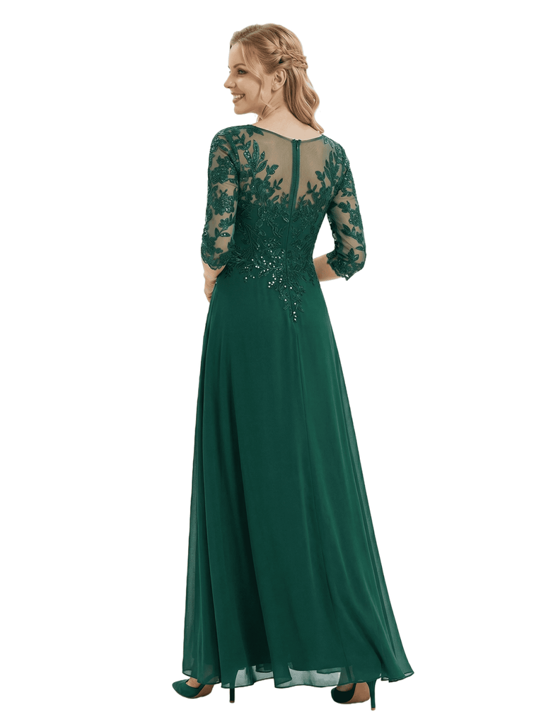 Chicsew Gorgeous Lace Embellished Mother of The Groom Dress 3/4 Sleeves Flowy Chiffon Long Classy Formal Gown