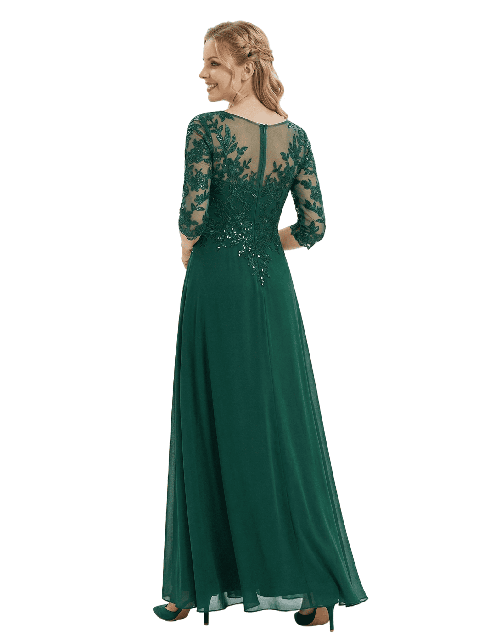 Chicsew Gorgeous Lace Embellished Mother of The Groom Dress 3/4 Sleeves Flowy Chiffon Long Classy Formal Gown