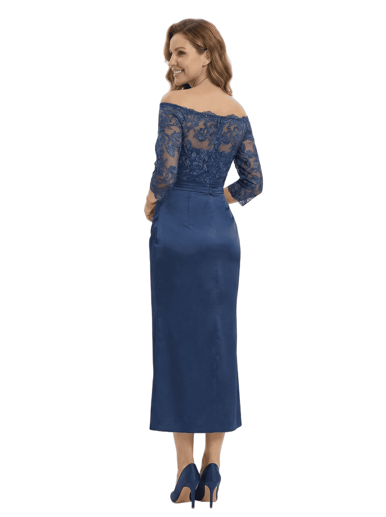Chicsew Elegant Off Shoulder Lace Mother of The Groom Dress 3/4 Sleeves Satin Midi Classy Formal Occasion Gown