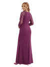 Chicsew Elegant Mother of The Groom Dress V-Neck Lace Long Sleeves Jersey Timeless Wedding Event Gown