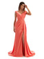 Sexy Side Split Long Satin V-neck Unique Formal Maid of Honour Dresses Online