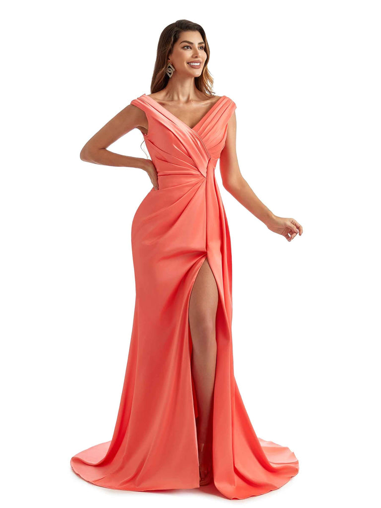 Sexy Side Split Long Satin V-neck Unique Formal Maid of Honour Dresses Online