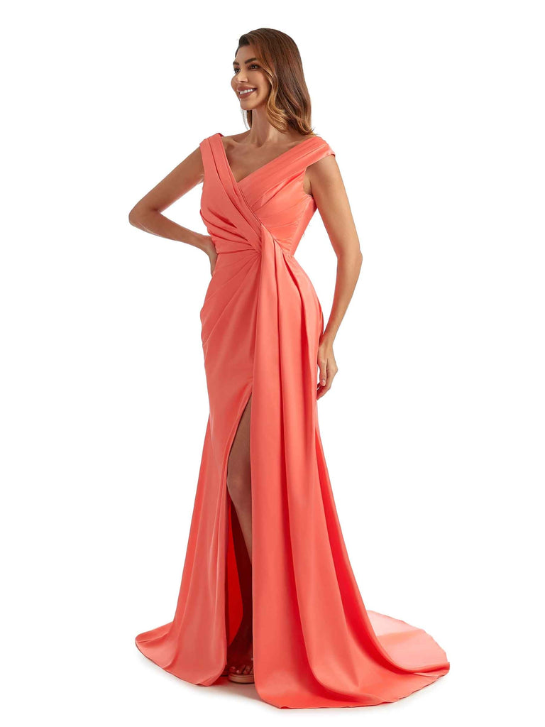 Sexy Side Split Long Satin V-neck Unique Formal Maid of Honour Dresses Online