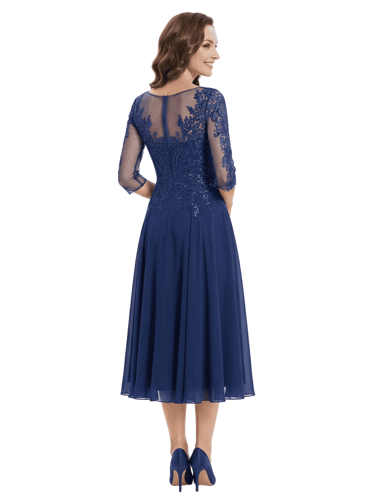 Chicsew Elegant Illusion 3/4 Sleeve Lace Sequin Mother of The Bride Dress Flowy Midi Chiffon Classy Gown
