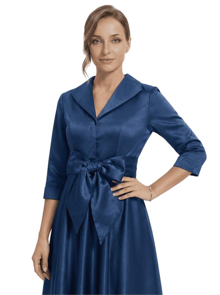 Chicsew Stylish Lapel 3/4 Sleeve Satin Mother of The Groom Dress Midi A-Line Bow Fancy Gown