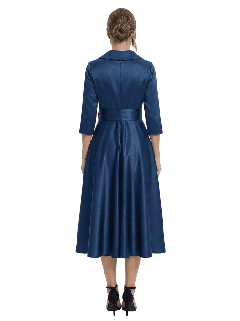 Chicsew Stylish Lapel 3/4 Sleeve Satin Mother of The Groom Dress Midi A-Line Bow Fancy Gown