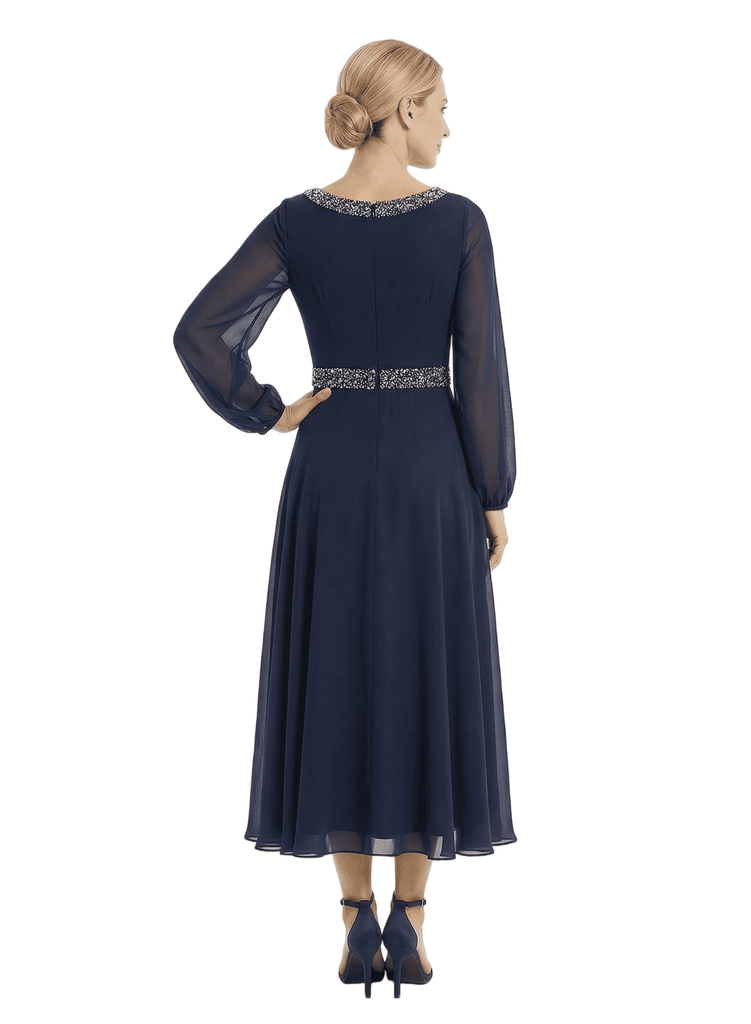 Chicsew Gorgeous Scoop Long Sleeve Chiffon Mother of The Bride Dress Midi A-Line Beaded Classy Gown