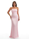 Simple Strapless Mermaid Silky Satin Long Bridesmaid Dresses With Bow Knot