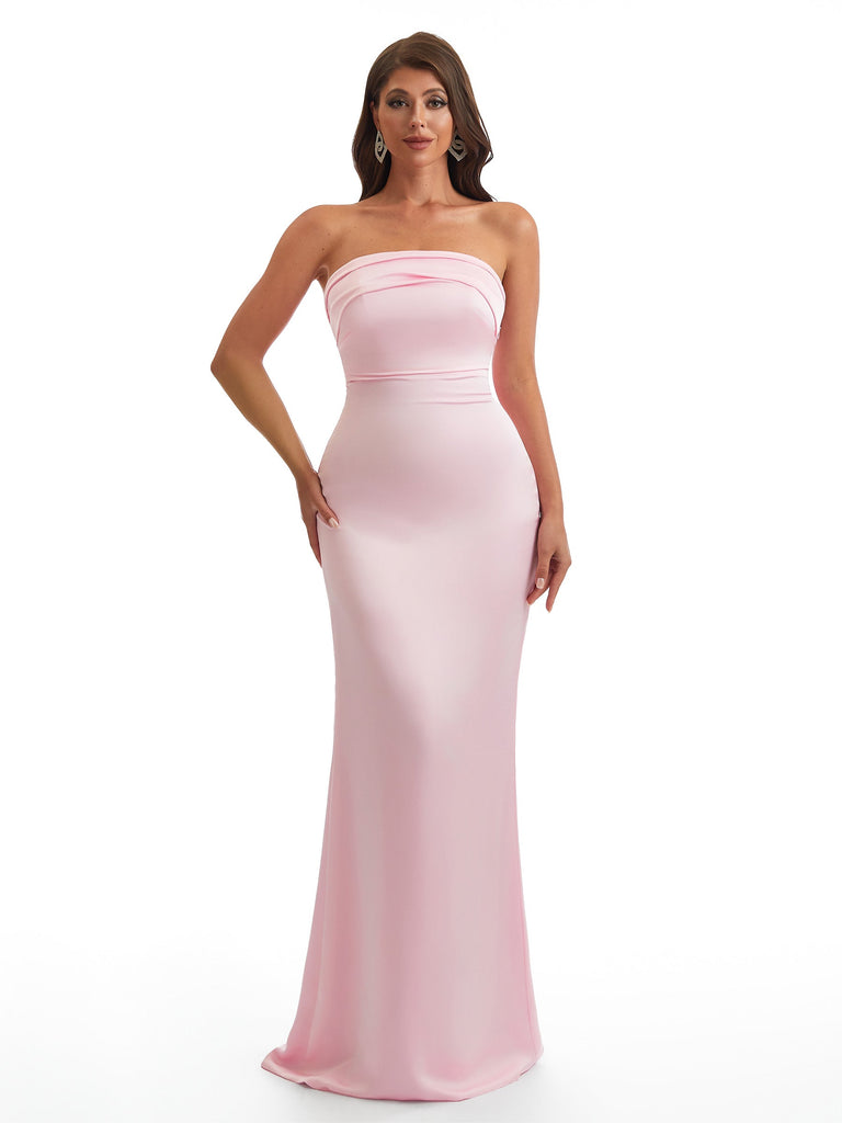 Simple Strapless Mermaid Silky Satin Long Bridesmaid Dresses With Bow Knot