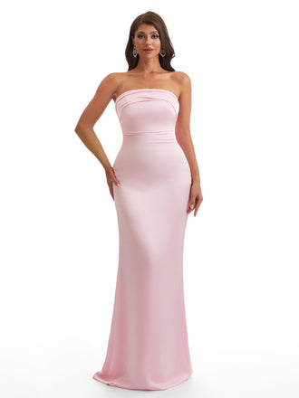 Simple Strapless Mermaid Silky Satin Long Bridesmaid Dresses With Bow Knot