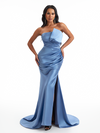 Sexy Strapless Mermaid Soft Satin Side Slit Ruched Long Bridesmaid Dresses Online
