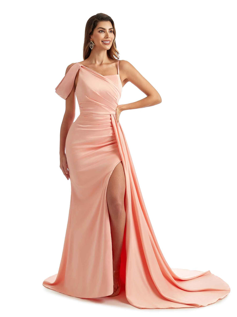 Sexy Side Split Asymmetric Long Satin Boho Formal Bridesmaid Dresses Online