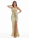 Sexy One Shoulder Side Slit Mermaid Metallic Stretch Shiny Fabric Long Wedding Guest Dresses