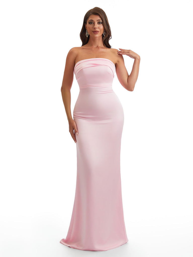 Simple Strapless Mermaid Silky Satin Long Bridesmaid Dresses With Bow Knot