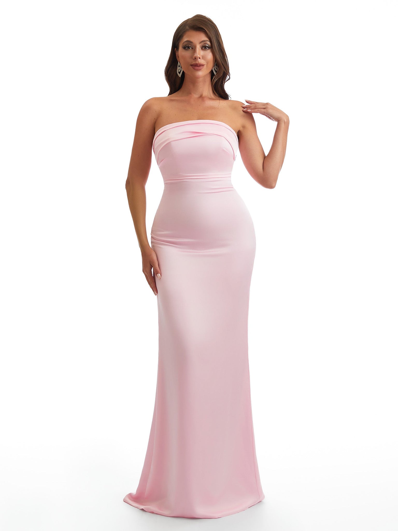 Simple Strapless Mermaid Silky Satin Long Bridesmaid Dresses With Bow Knot