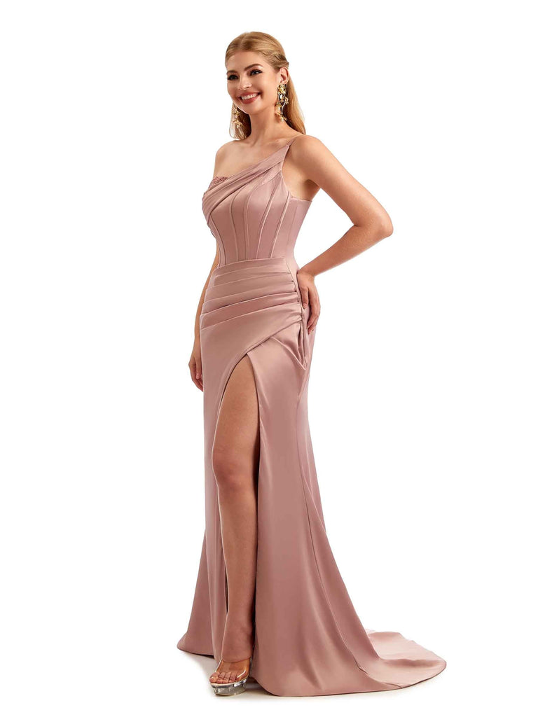 Sexy Side Split One Shoulder Boho Chic Satin Formal Bridesmaid Dresses Online