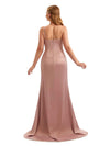 One Shoulder Side Split Stretch Satin Unique Formal Bridesmaid Dresses Online