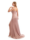 One Shoulder Side Split Stretch Satin Unique Formal Bridesmaid Dresses Online